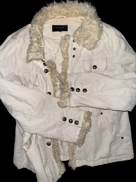Vintage White Corduroy Jacket with Faux Fur Trim – Colebrook – Y2K Style