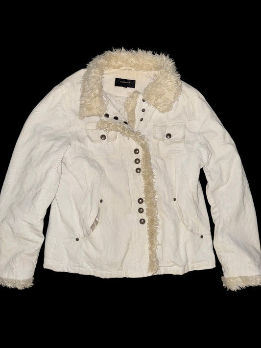 Vintage White Corduroy Jacket with Faux Fur Trim – Colebrook – Y2K Style